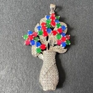 925 Sterling Silver Flower Vase Pendant Colorful CZ Stones Statement VTG